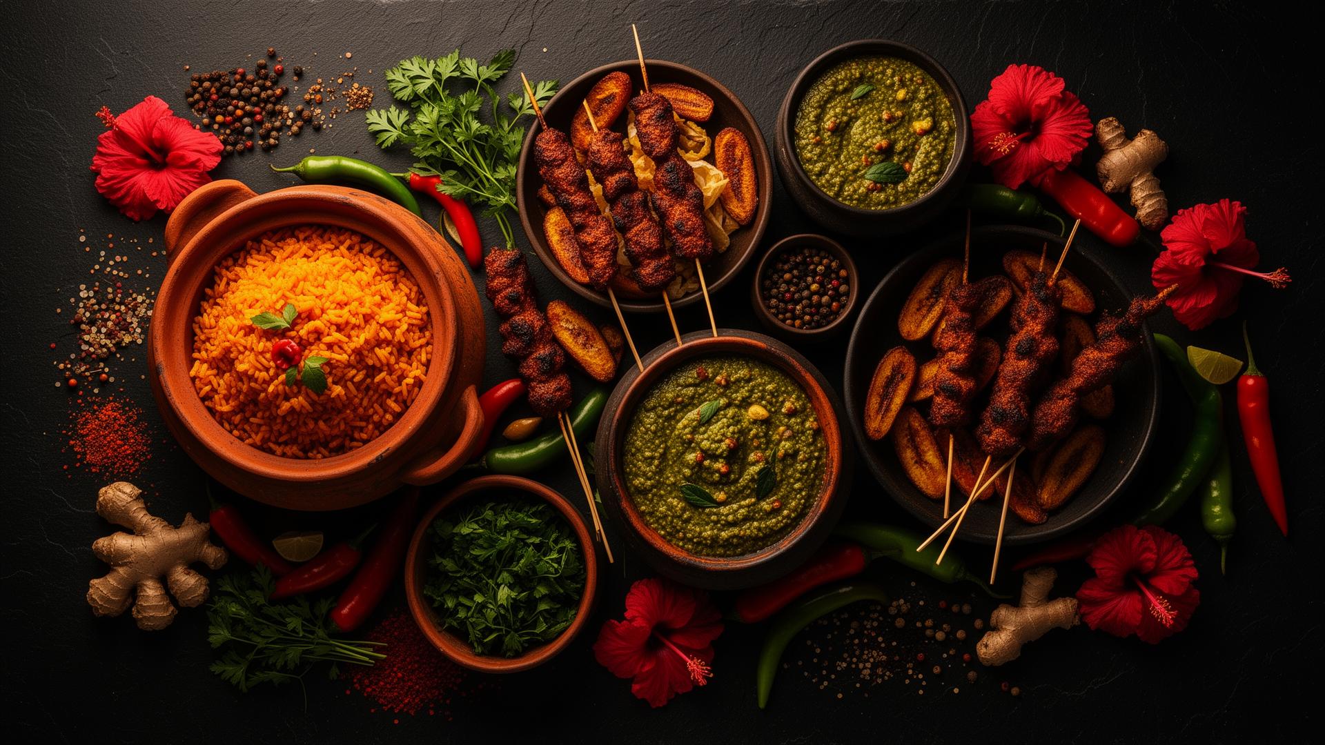 A West African feast of jollof rice, suya skewers and plantains